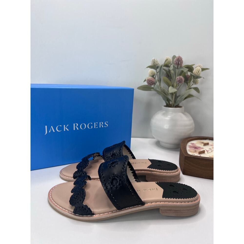 Jack Rogers Caroline Flat Leather Sandal Black 112221SA01 Women 7.5 M NWB